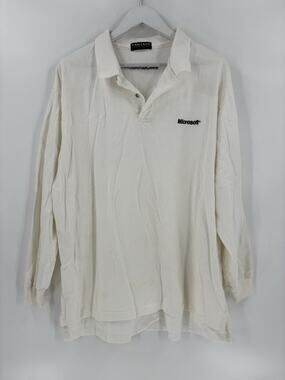Vintage Microsoft Shirt Mens XL White Polo Long Sleeve Logo 80s 90s 100% Cotton